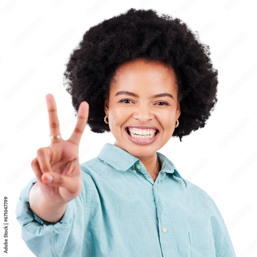 Peace, hand and portrait of happy black woman on isolated, transparent or png background. V, finger and face of African lady with emoji for vote, feedback or review satisfaction with thank you smile Peace, hand and portrait of happy black woman on isolated, transparent or png background. V, finger and face of African lady with emoji for vote, feedback or review satisfaction with thank you smile