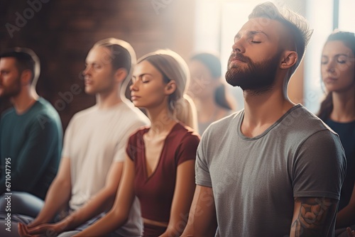 Group meditation in yoga studio breath exercise