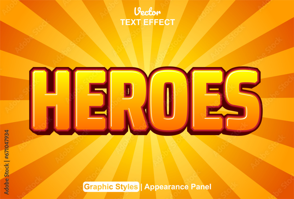 heroes text effect in orange comic style and editable