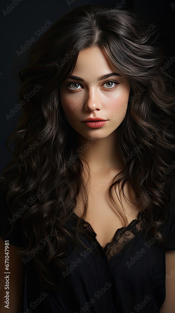 Beauty fashion portrait of young beautiful brunette girl with long black straight flying hair. Magnificent hair. Smoky eyes. Vogue style. Model illustration. Generative AI Beauty fashion portrait of young beautiful brunette girl with long black straight flying hair. Magnificent hair. Smoky eyes. Vogue style. Model illustration. Generative AI