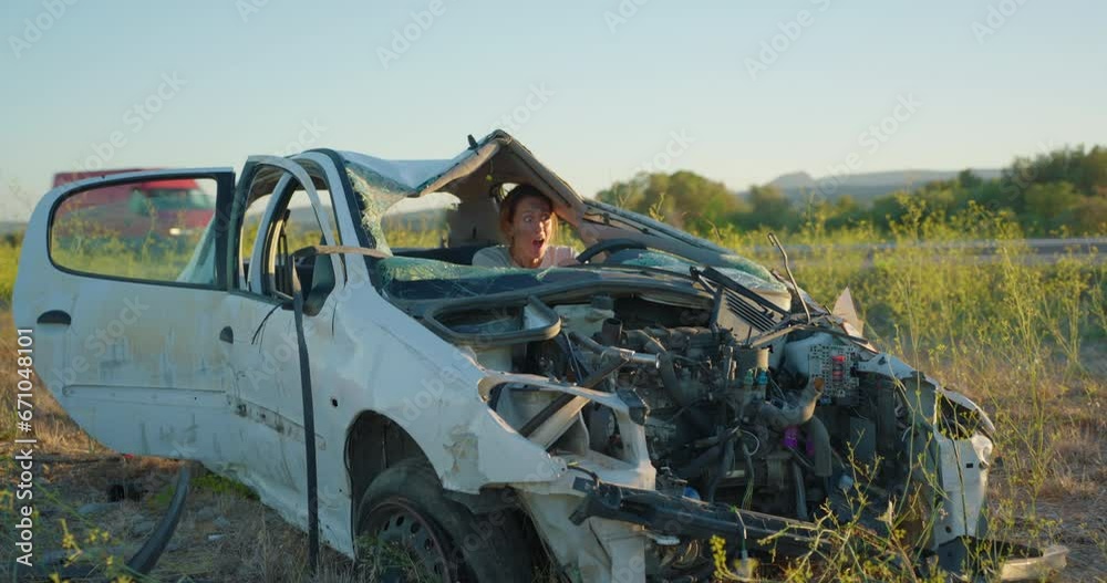 A woman sitting in a broken car after a car accident miraculously ...