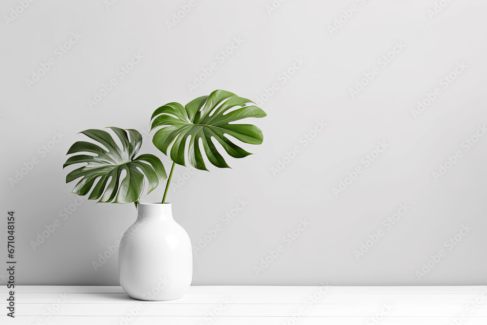 Leaf background plant monstera in white vase Leaf background plant monstera in white vase