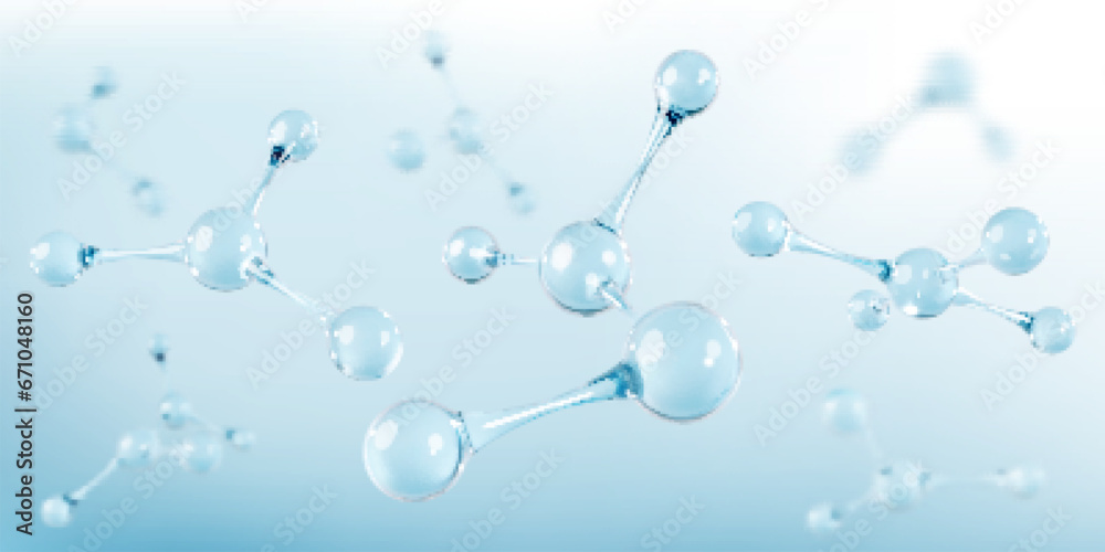 3D glass molecules or atoms on light blue background. Concept of biochemical, pharmaceutical, beauty, medical. Science or medical background. Vector 3d illustration 3D glass molecules or atoms on light blue background. Concept of biochemical, pharmaceutical, beauty, medical. Science or medical background. Vector 3d illustration