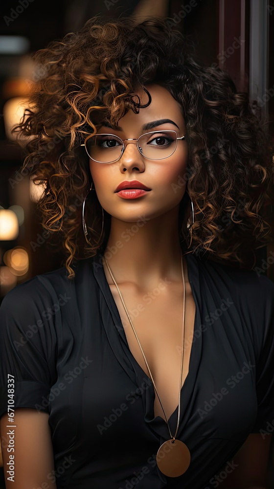 Beauty portrait of african american woman with clean healthy skin on background. Smiling dreamy beautiful afro girl. Curly black hair. Woman portrait illustration. Generative AI