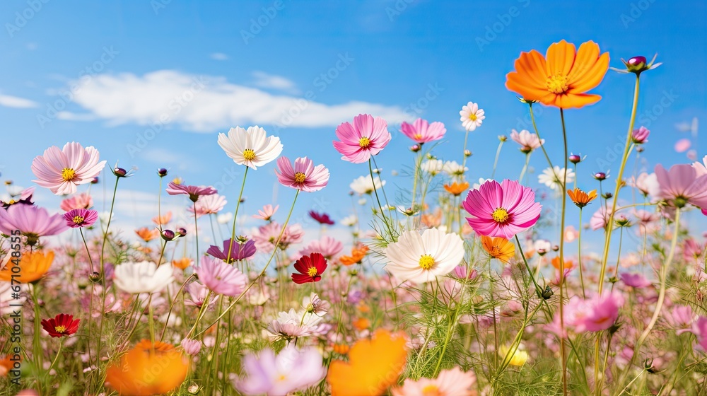 Multicolored cosmos flowers in meadow in spring