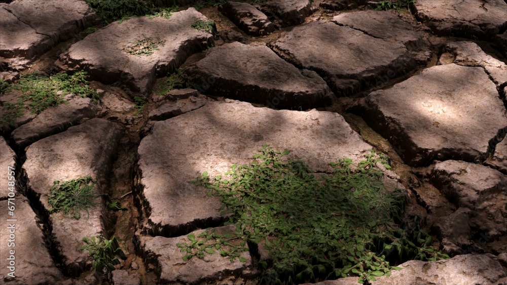 A dying plant in arid soil, the concept of drought. climate change and global warming. Environment, nature, earth. impact on agriculture, lack of water, lack of fresh water resources. 3d illustration A dying plant in arid soil, the concept of drought. climate change and global warming. Environment, nature, earth. impact on agriculture, lack of water, lack of fresh water resources. 3d illustration
