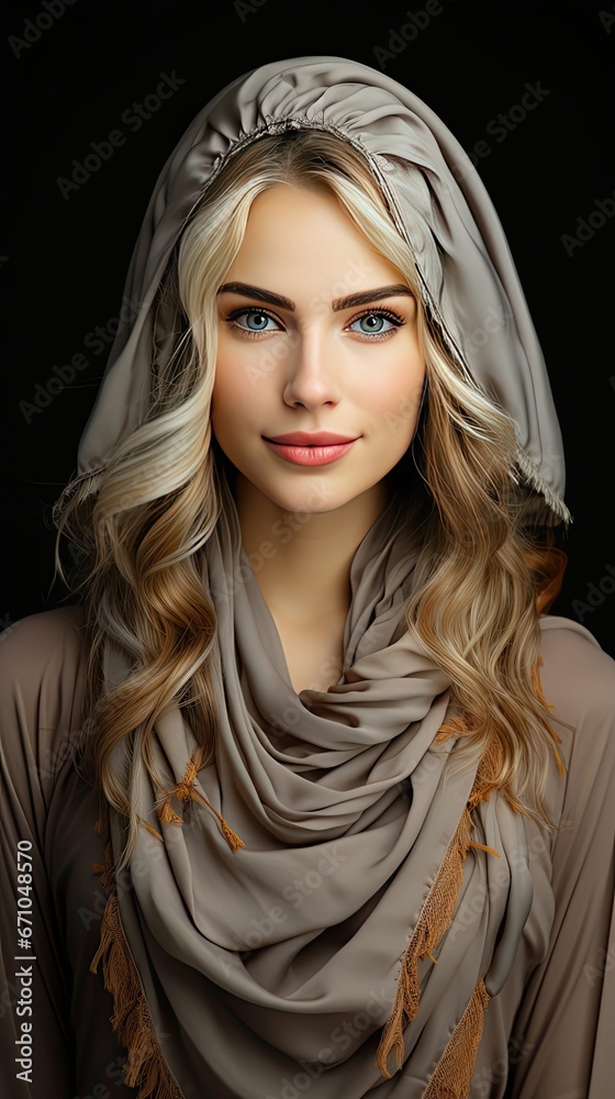 Portrait of islamic woman smiling. Pretty muslim girl. Beautiful asian muslimah woman model posing on grey wall studio. Portrait Of Arab Beauty. Smile emotion illustration. Generative AI