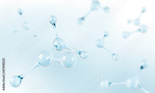3D glass molecules or atoms on light blue background. Concept of biochemical, pharmaceutical, beauty, medical. Science or medical background. Vector 3d illustration