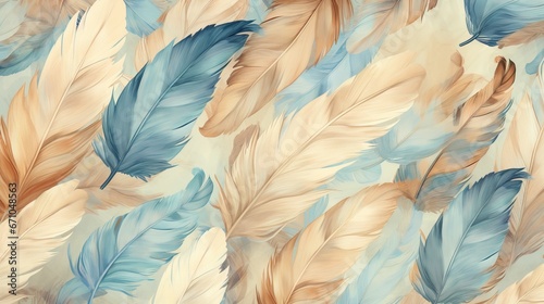  a blue and beige feather pattern on a white wallpaper.  generative ai