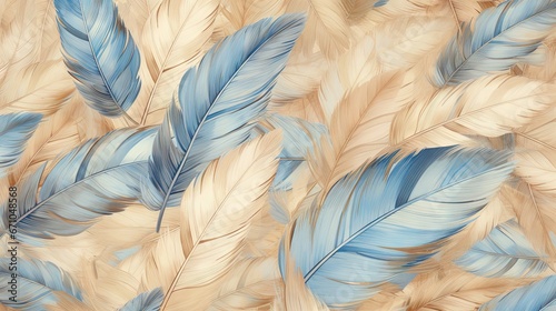  a pattern of blue and beige feathers on a beige background.  generative ai