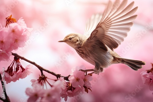 Nightingale hopping on pink cherry blossom tree photo