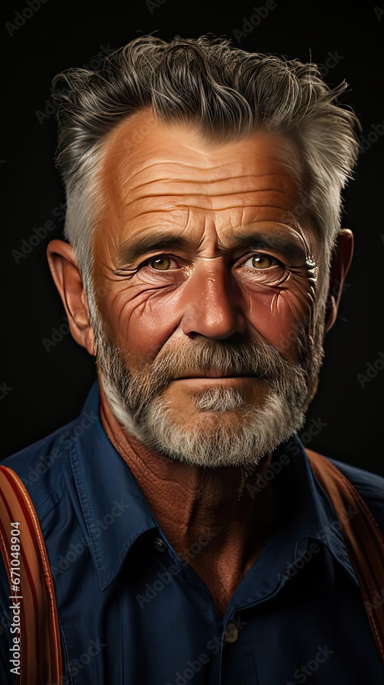 Portrait of an older man wearing a shirt on background. A happy old man looks at a camera over a gray wall. Man portrait illustration. Generative AI Portrait of an older man wearing a shirt on background. A happy old man looks at a camera over a gray wall. Man portrait illustration. Generative AI