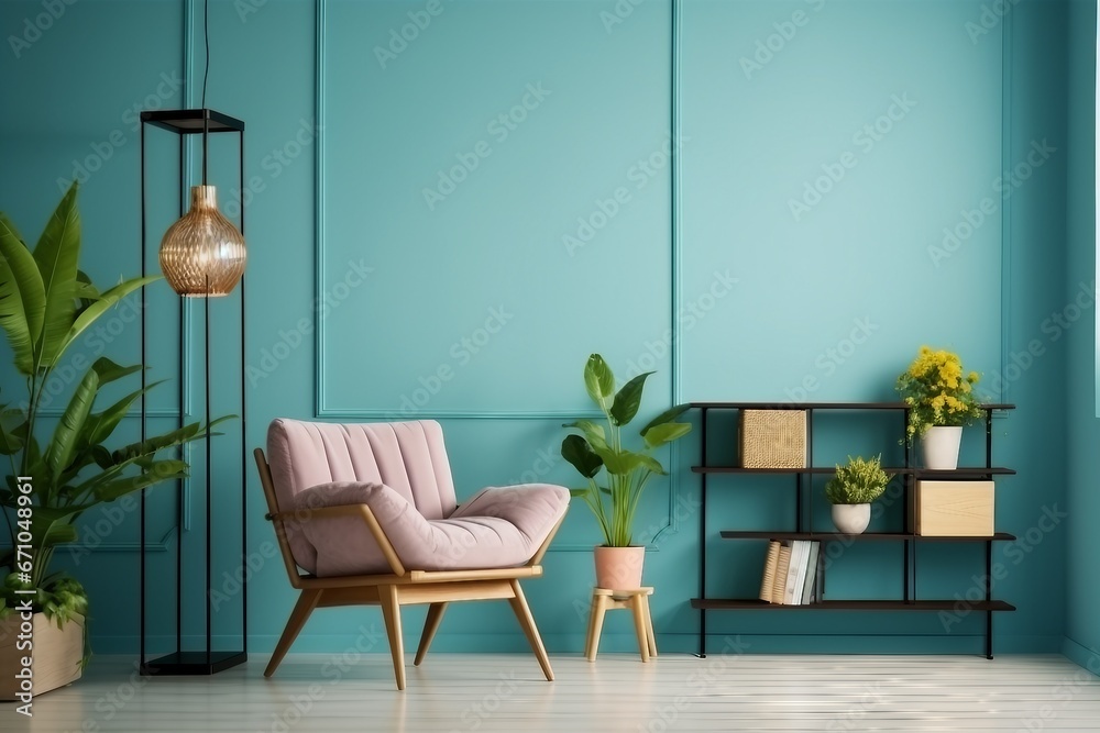 Fototapeta premium Blue living room interior with cozy luxury armchair,3d rendering. generative ai.