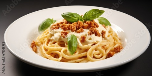A Plate Of Pasta With Pecans And Parmesan Cheese