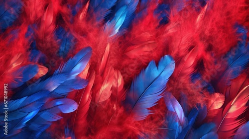  a bunch of red and blue feathers on a red background. generative ai