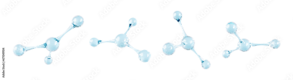 Set of glass molecule model. 3D abstract molecular structures isolated on white background. Vector 3d illustration - obrazy, fototapety, plakaty 