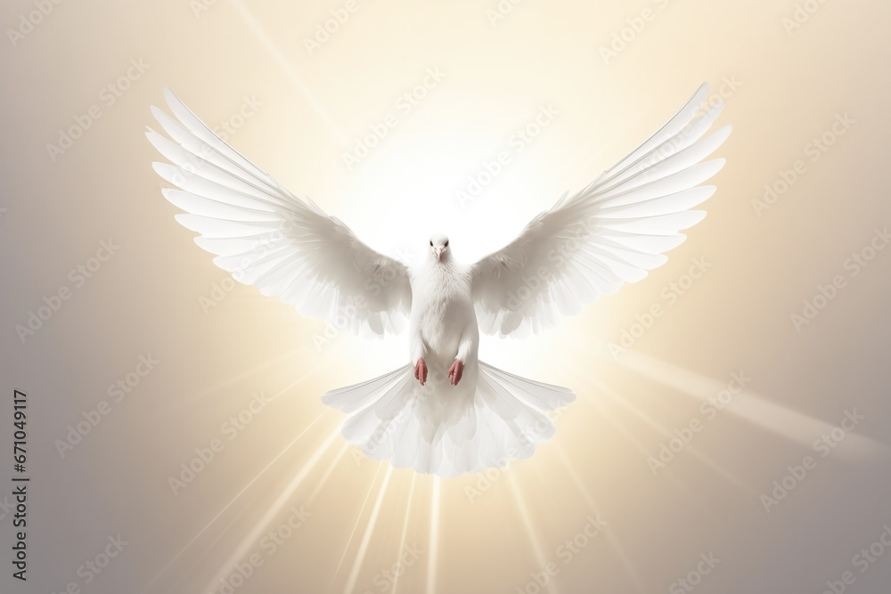 Fototapeta premium Flying Dove With Open Wings And Sunlight Effects