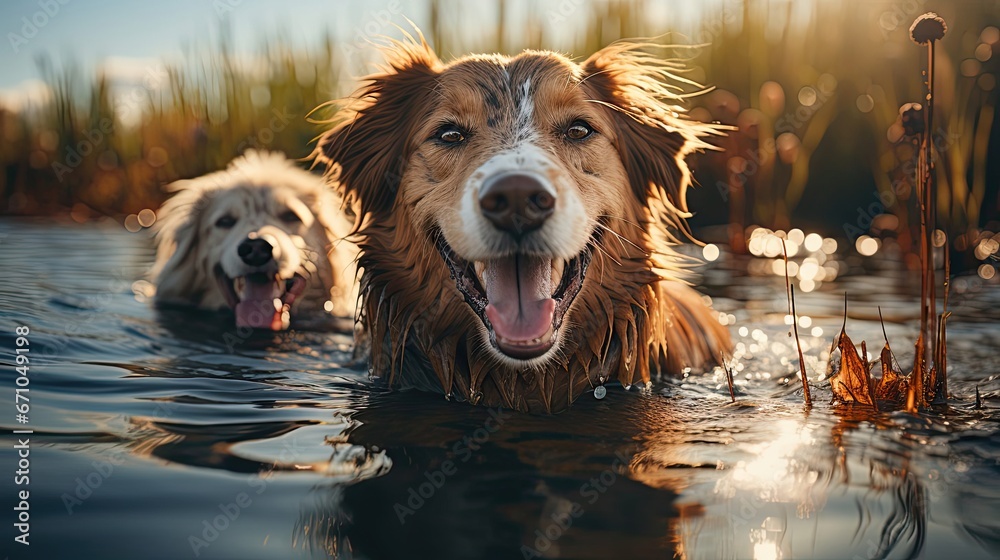 Banner two smiling dogs with happy expression. and closed eyes. Smile emotion illustration. Generative AI