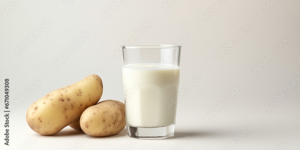 Glass Of Milk And Potatoes On Table Glass Of Milk And Potatoes On Table