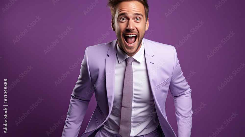 Full size fun young successful employee business man lawyer 20s wears formal blue suit white t-shirt work in office move hand in pocket look aside on pastel purple background. Generative AI art Full size fun young successful employee business man lawyer 20s wears formal blue suit white t-shirt work in office move hand in pocket look aside on pastel purple background. Generative AI art