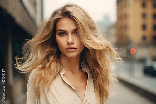 Portrait of a young woman with rich blond color hair photo