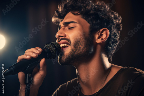 Generative ai technology portrait of talented young singer person on stage singing song using microphone