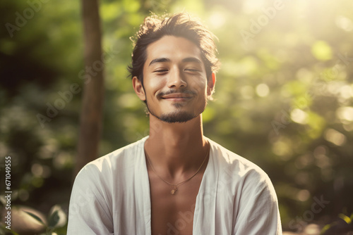 Generative AI picture portrait of yoga person enjoying connection with nature meditating outdoors early morning