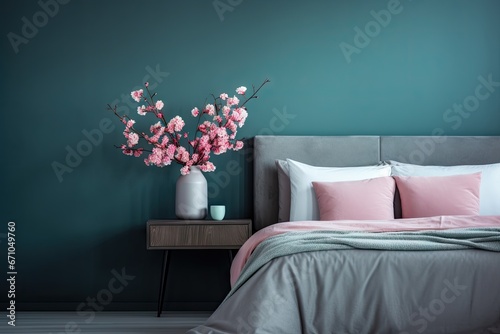 Stylish modern cosy bedroom in dark colors