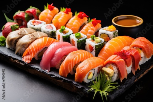 Sushi platter with different types of rolls
