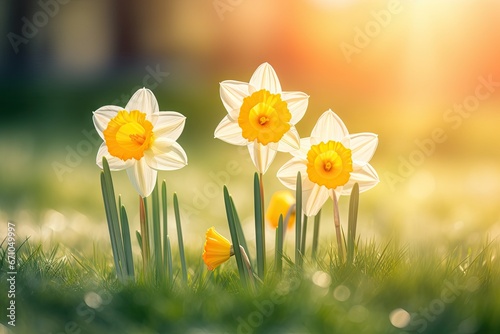 Three flower daffodils in spring outdoors in grass