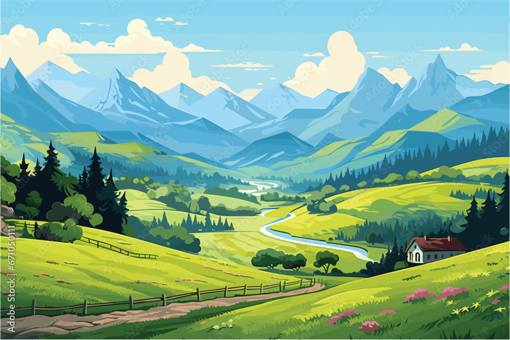 Fototapeta premium Beautiful blue mountains landscape with a forest, Mountain lake landscape, Vector illustration