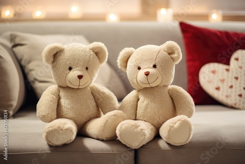 Two beige teddy bear with a heart in a cozy living