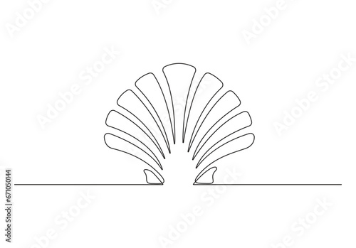 Seashell scallop. Continuous single line drawing of an oyster mollusk. Isolated on white background vector illustration. Pro vector. 