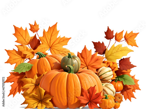 3D realistic Pumpkins surrounded by colorful autumn fall maple leaves  illustration present a group of pumpkins gather together for a festive celebration  Thanksgiving Day. Generative AI. Postcard .