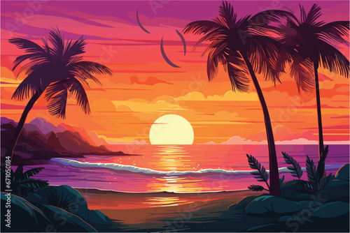 Fototapeta Naklejka Na Ścianę i Meble -  Beautiful sunset landscape sea beach and tree, sunset & tree on colorful background, 
Vector illustration