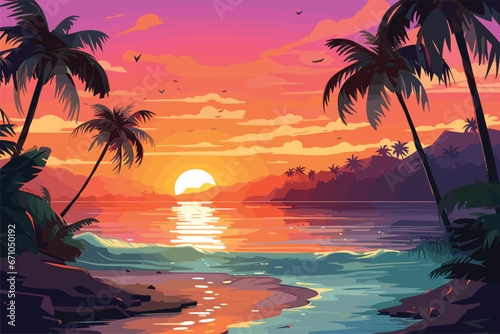 Beautiful sunset landscape sea beach and tree  sunset   tree on colorful background   Vector illustration