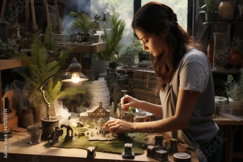 Woman creating photorealistic diorama scene
