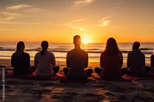 Yoga retreat on the beach at sunset silhouettes photo