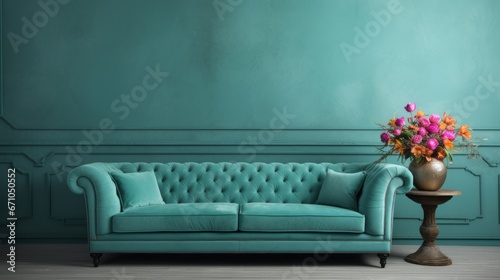 classic Interior of living room with green sofa and vase with flowers