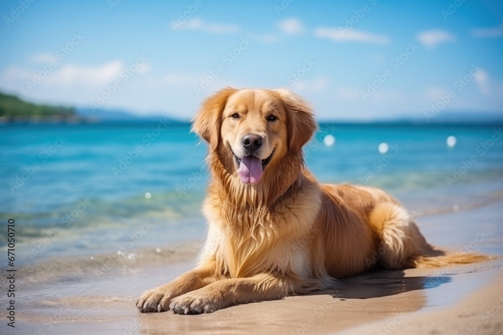 Golden Retriever Dog Enjoys Summer Vacation At Hawaiian Beach