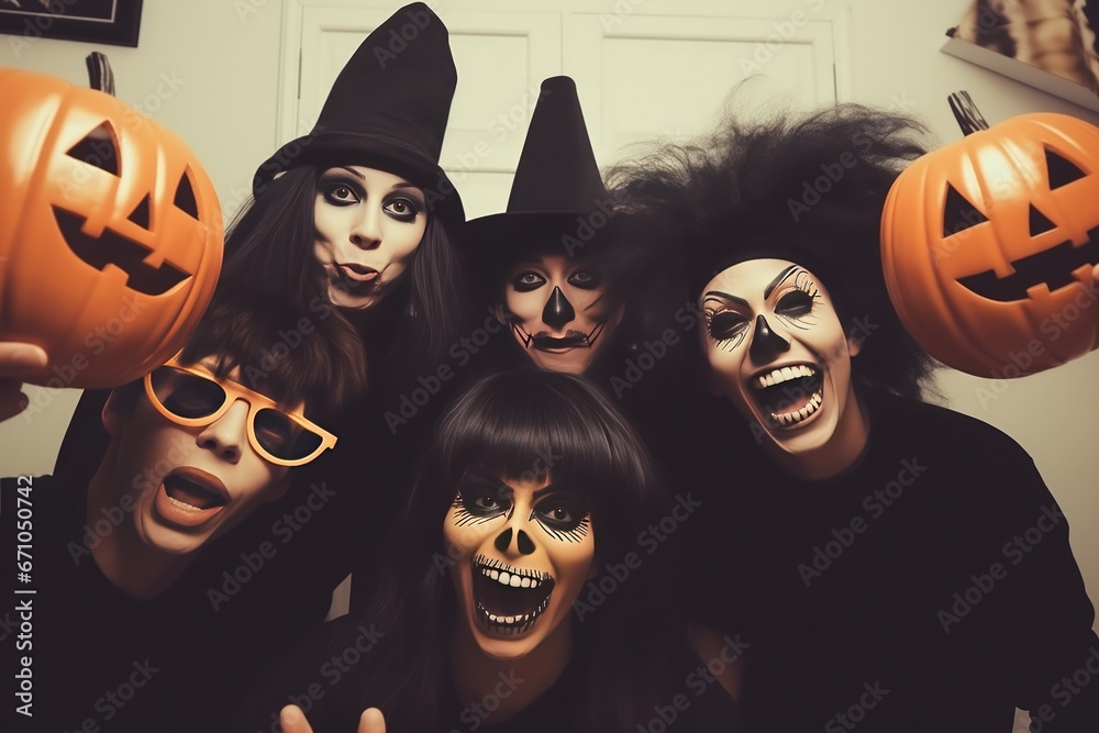 Group Selfie With Funny Faces And Halloween Costumes Group Selfie With Funny Faces And Halloween Costumes