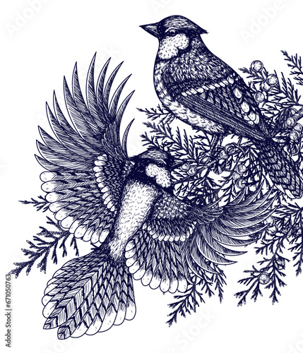 Vector illustration of 2 blue jays on a juniper branch