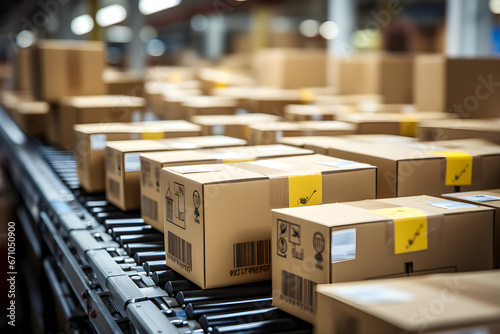 In a warehouse fulfillment center, there is a closeup snapshot of multiple cardboard box packages smoothly moving along a conveyor belt, This image represents e-commerce, delivery, automation, and pro