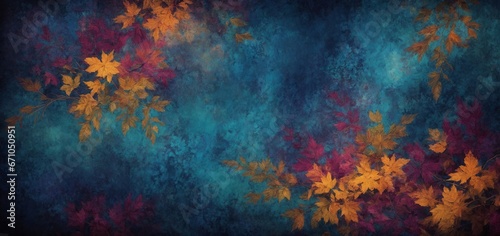 Blue watercolor background with autumn leaves