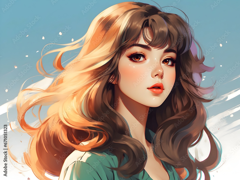 A cartoon portrait of a woman with long wavy hair. A cartoon portrait of a woman with long wavy hair.