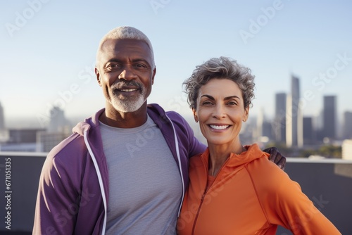 Adult multiethnic couple in sports outfits looking at camera with energetic cheerful smile. Happy loving mature man and woman jogging or exercising outdoors. Healthy lifestyle in urban environment.