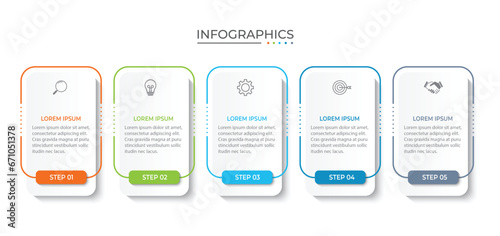 Thin line process business infographic with square template. Vector illustration. Process timeline with 5 options, steps or sections.