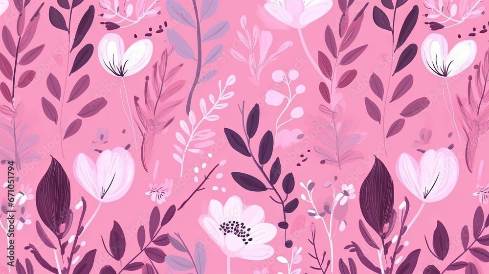  a pink and purple floral wallpaper with leaves and flowers.  generative ai