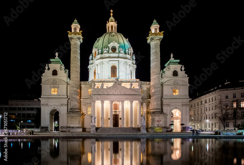 St. Charles's Church in Vienna, Austria at night
