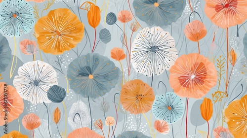  a pattern of flowers on a blue background with orange and white petals.  generative ai